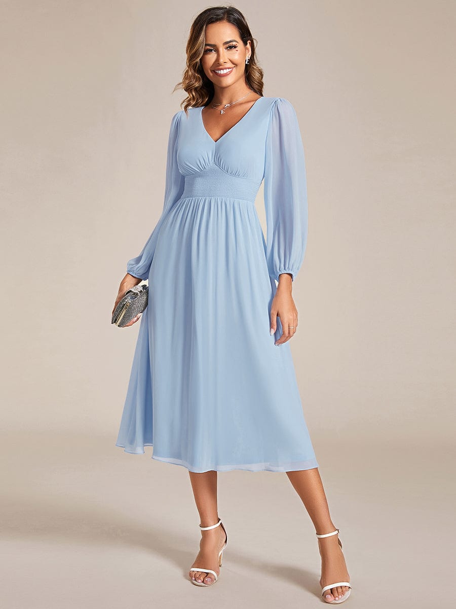 Chiffon V-Neck Long Sleeves Elastic Band Midi Wedding Guest Dress #color_Ice Blue