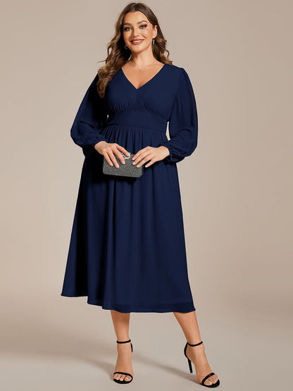 Plus Size Flowy Long Sleeves V-Neck Midi Chiffon Wedding Guest Dress #color_Navy Blue