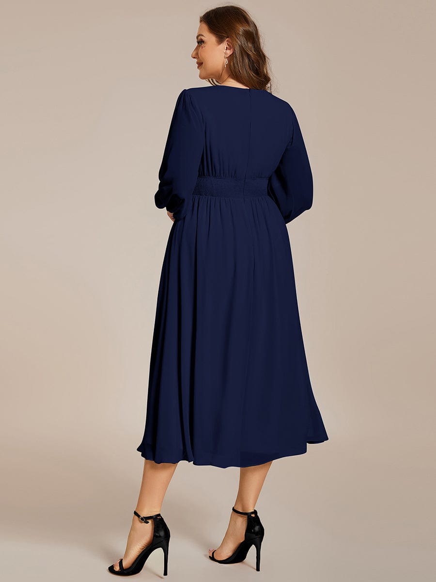 Chiffon V-Neck Long Sleeves Elastic Band Midi Wedding Guest Dress #color_Navy Blue