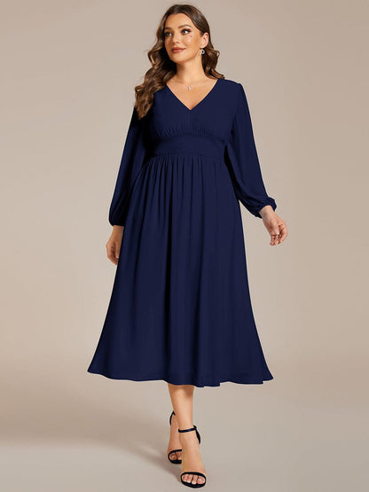 Plus Size Flowy Long Sleeves V-Neck Midi Chiffon Wedding Guest Dress #color_Navy Blue