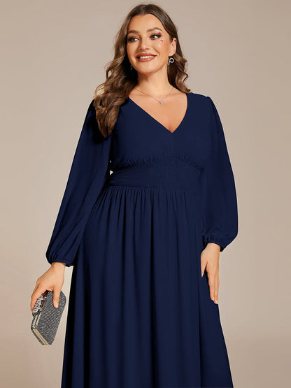 Chiffon V-Neck Long Sleeves Elastic Band Midi Wedding Guest Dress #color_Navy Blue