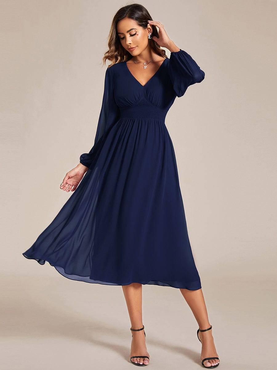 Chiffon V-Neck Long Sleeves Elastic Band Midi Wedding Guest Dress #color_Navy Blue