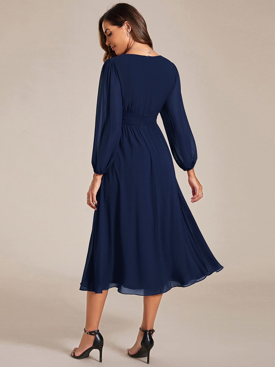 Chiffon V-Neck Long Sleeves Elastic Band Midi Wedding Guest Dress #color_Navy Blue