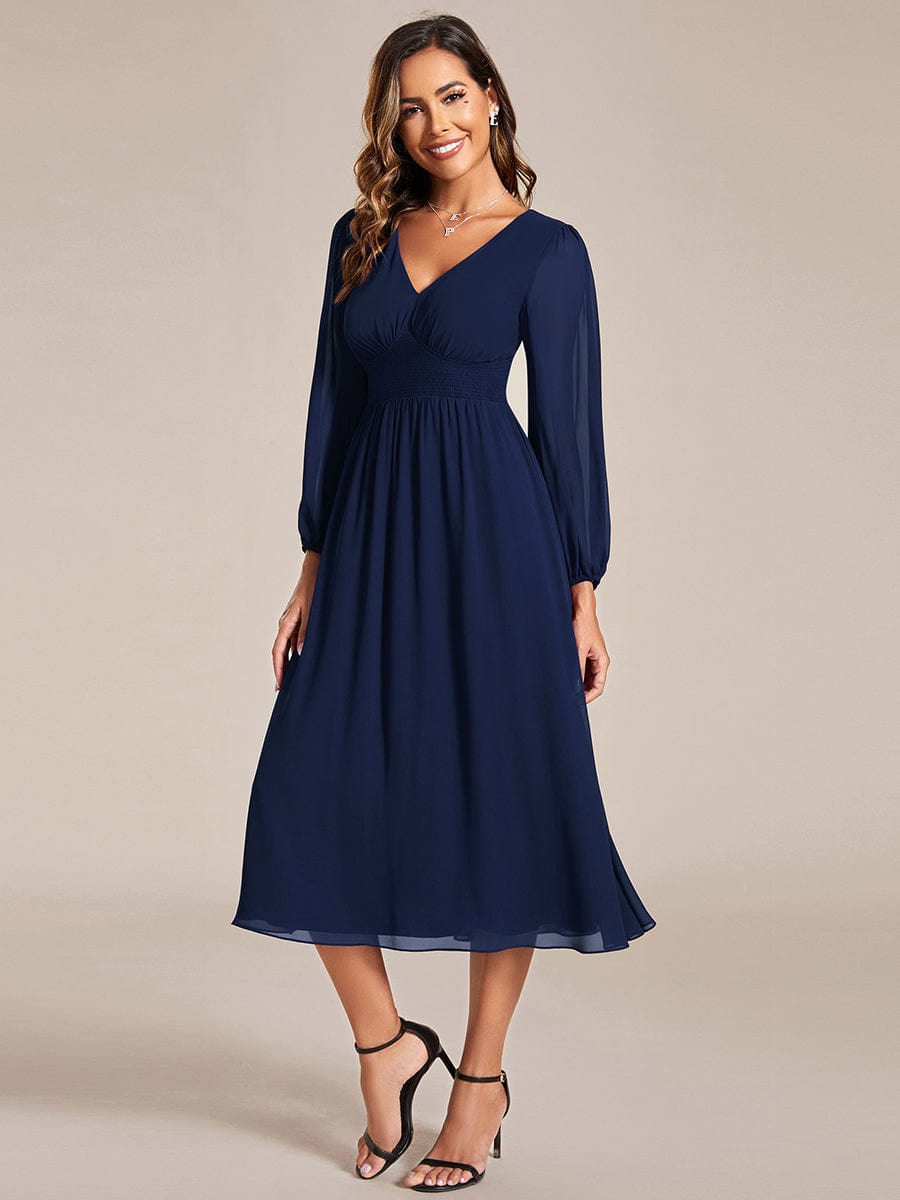 Chiffon V-Neck Long Sleeves Elastic Band Midi Wedding Guest Dress #color_Navy Blue