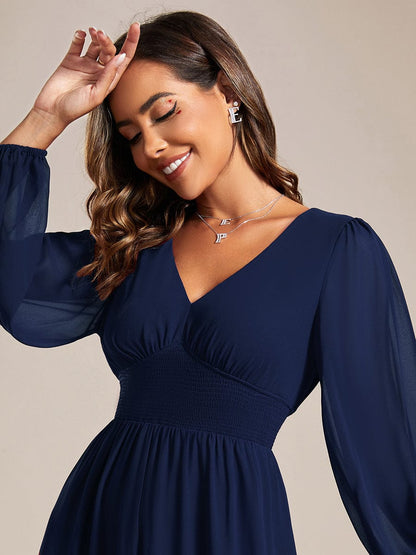 Chiffon V-Neck Long Sleeves Elastic Band Midi Wedding Guest Dress #color_Navy Blue