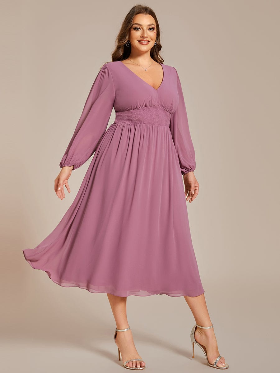 Chiffon V-Neck Long Sleeves Elastic Band Midi Wedding Guest Dress #color_Purple Orchid