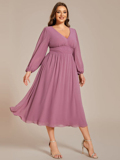 Chiffon V-Neck Long Sleeves Elastic Band Midi Wedding Guest Dress #color_Purple Orchid