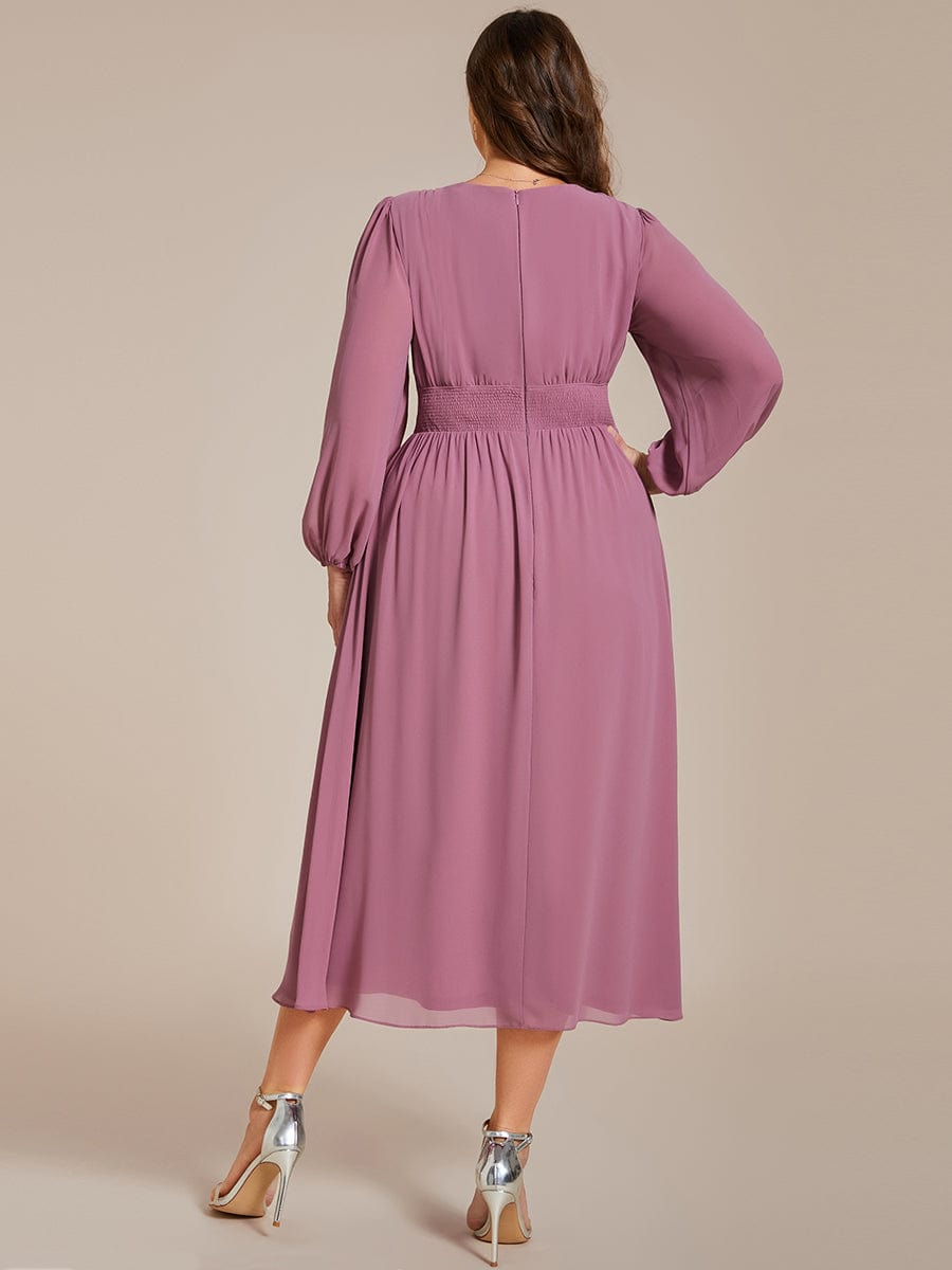 Chiffon V-Neck Long Sleeves Elastic Band Midi Wedding Guest Dress #color_Purple Orchid