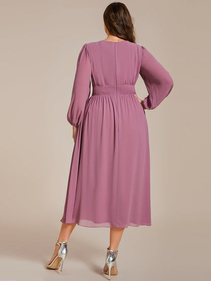 Chiffon V-Neck Long Sleeves Elastic Band Midi Wedding Guest Dress #color_Purple Orchid