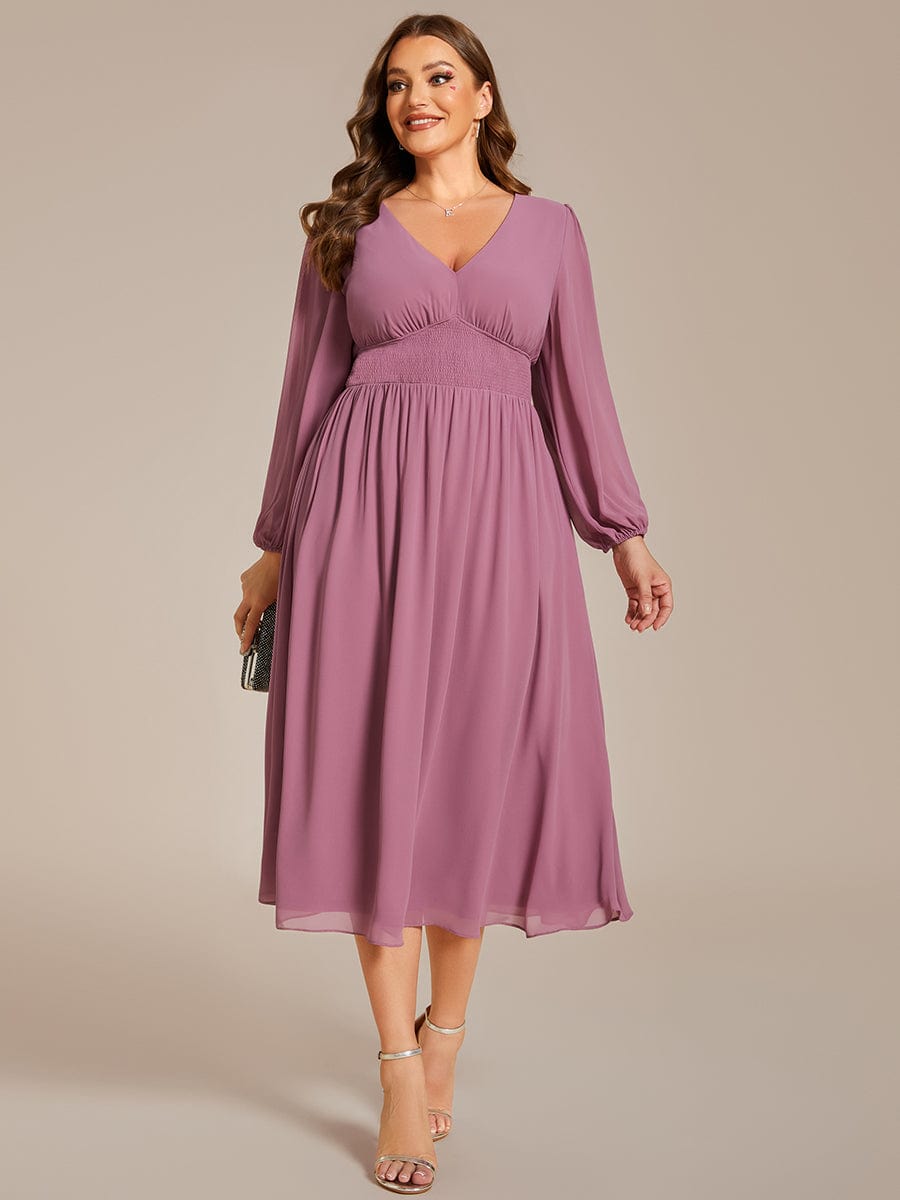 Plus Size Flowy Long Sleeves V-Neck Midi Chiffon Wedding Guest Dress #color_Purple Orchid