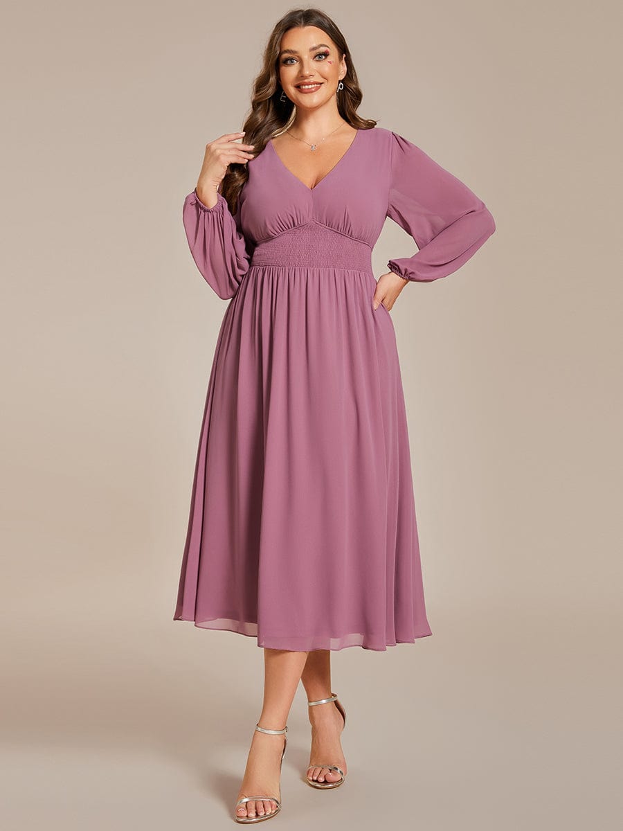 Plus Size Flowy Long Sleeves V-Neck Midi Chiffon Wedding Guest Dress #color_Purple Orchid