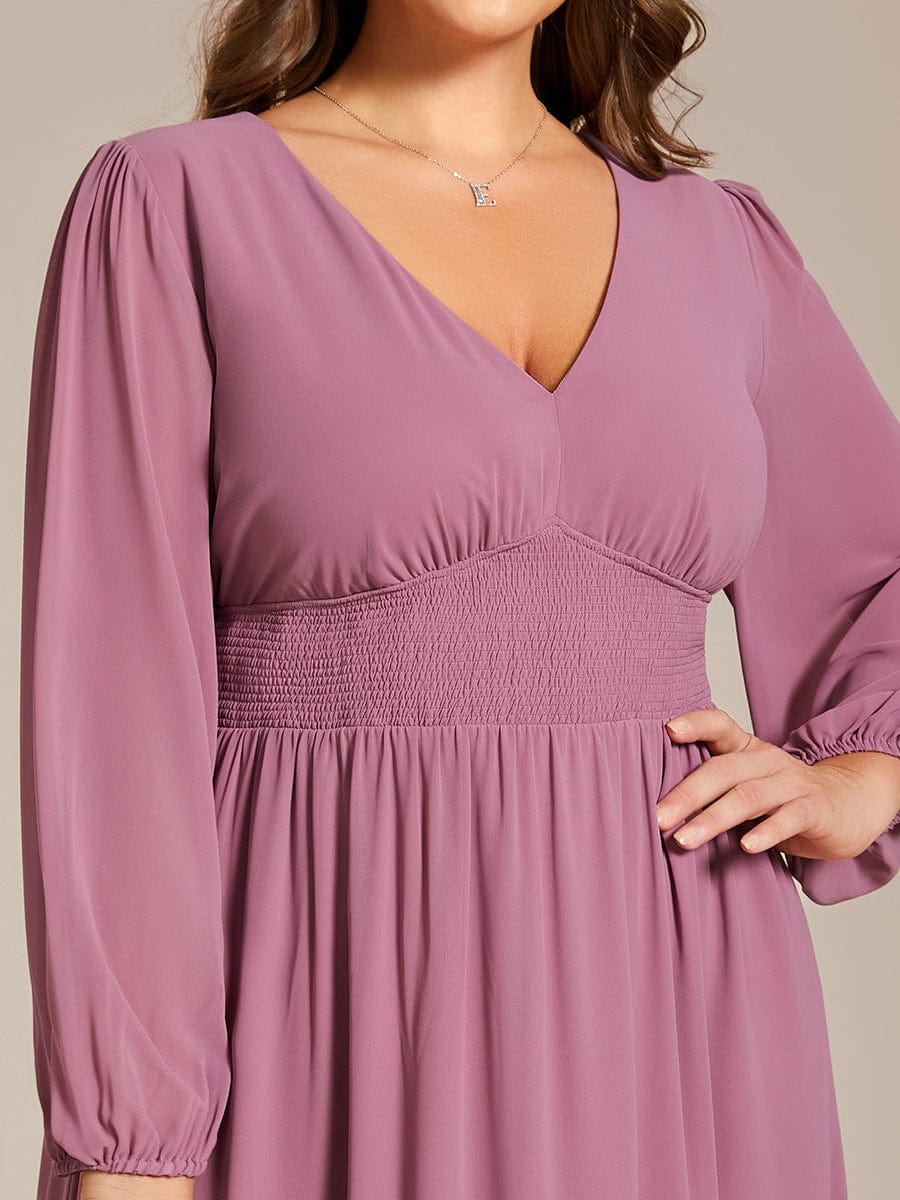 Chiffon V-Neck Long Sleeves Elastic Band Midi Wedding Guest Dress #color_Purple Orchid