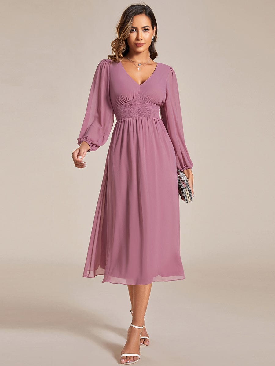 Chiffon V-Neck Long Sleeves Elastic Band Midi Wedding Guest Dress #color_Purple Orchid