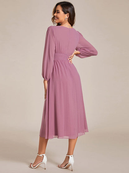 Chiffon V-Neck Long Sleeves Elastic Band Midi Wedding Guest Dress #color_Purple Orchid