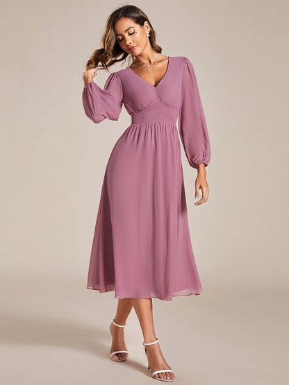 Chiffon V-Neck Long Sleeves Elastic Band Midi Wedding Guest Dress #color_Purple Orchid