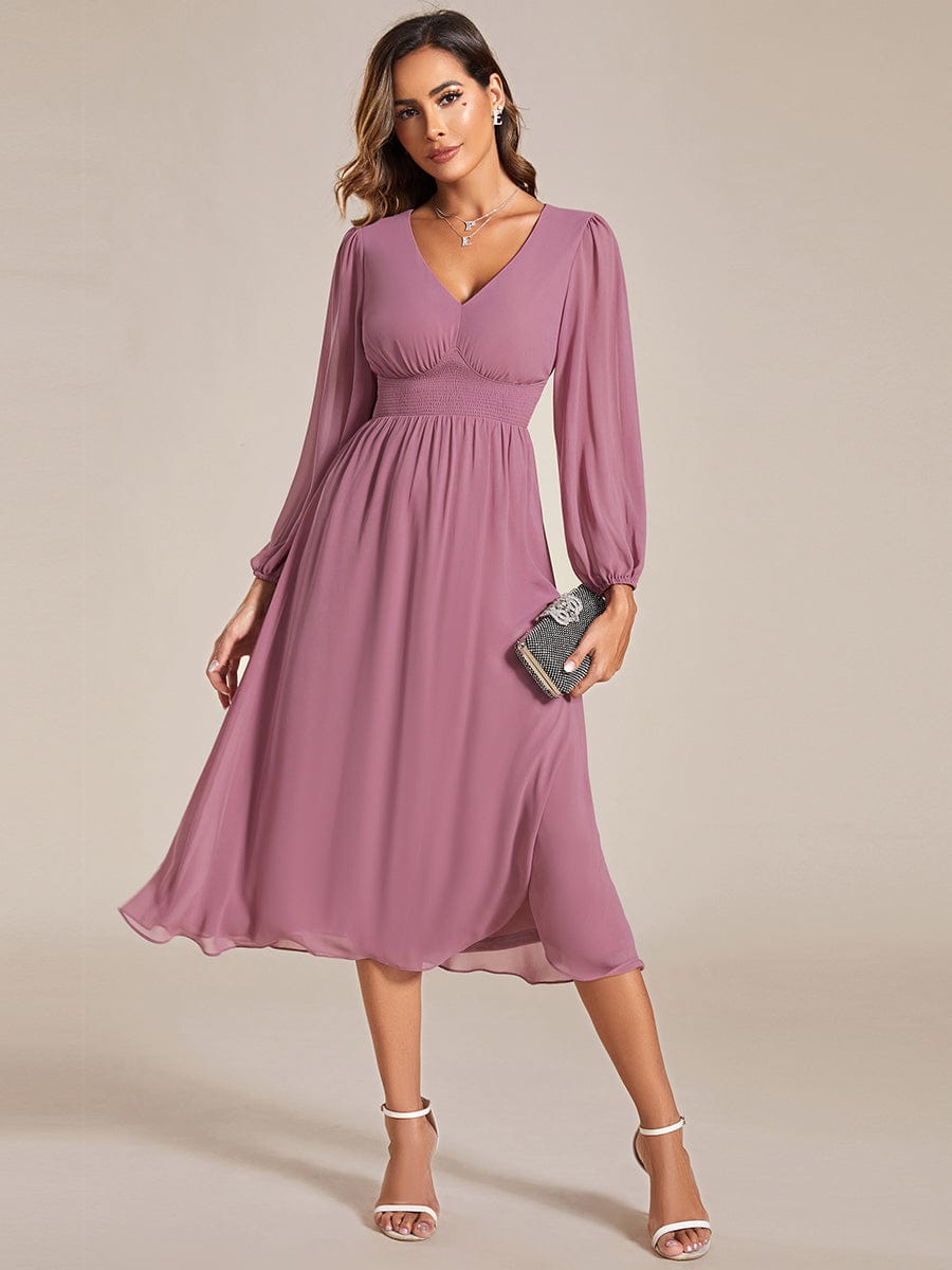 Chiffon V-Neck Long Sleeves Elastic Band Midi Wedding Guest Dress #color_Purple Orchid