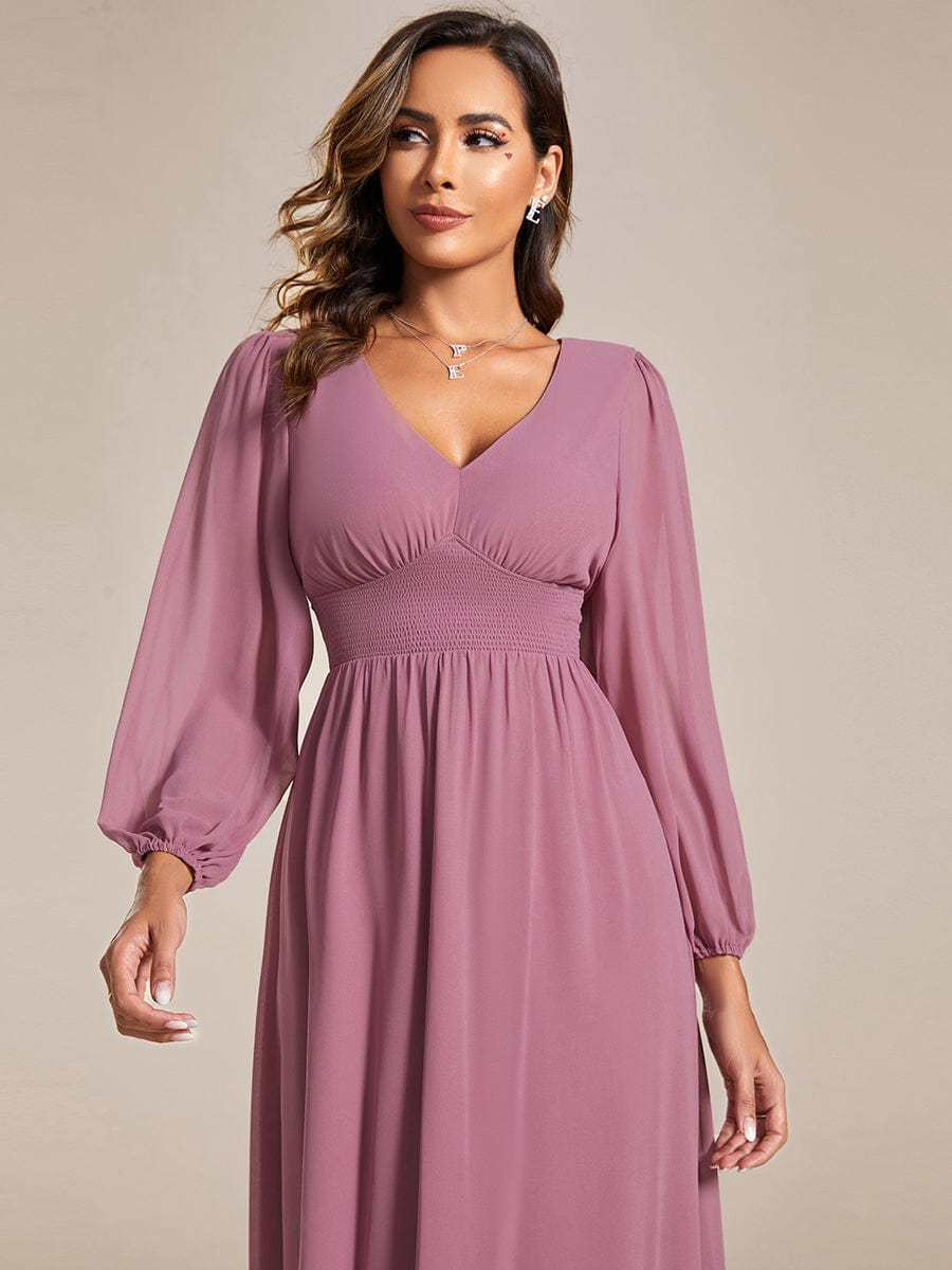 Chiffon V-Neck Long Sleeves Elastic Band Midi Wedding Guest Dress #color_Purple Orchid