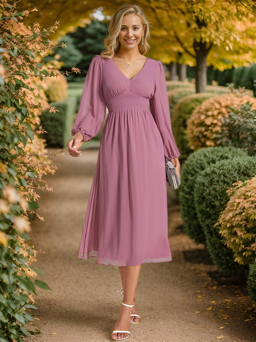 Chiffon V-Neck Long Sleeves Elastic Band Midi Wedding Guest Dress #color_Purple Orchid