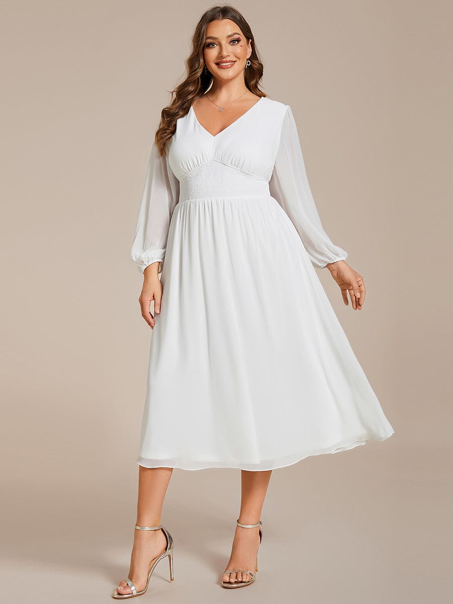 Plus Size Flowy Long Sleeves V-Neck Midi Chiffon Wedding Guest Dress #color_White