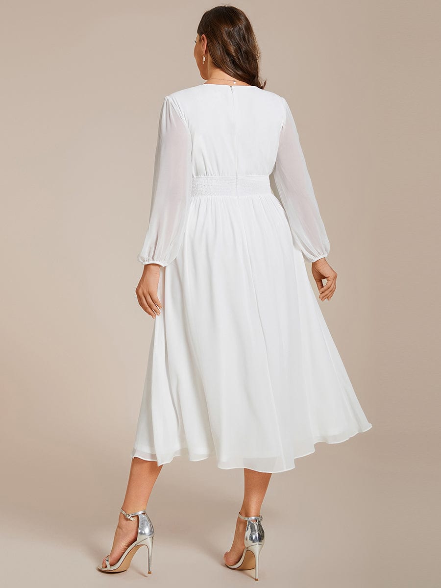 Chiffon V-Neck Long Sleeves Elastic Band Midi Wedding Guest Dress #color_White