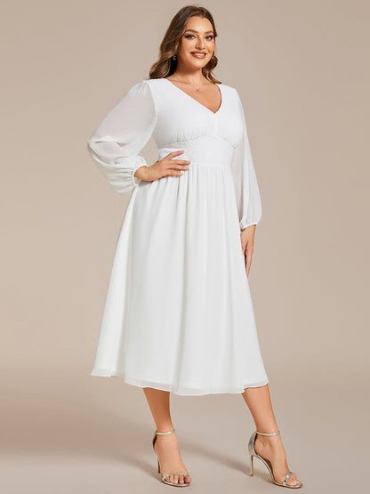 Plus Size Flowy Long Sleeves V-Neck Midi Chiffon Wedding Guest Dress #color_White