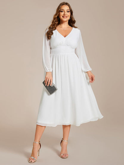 Chiffon V-Neck Long Sleeves Elastic Band Midi Wedding Guest Dress #color_White