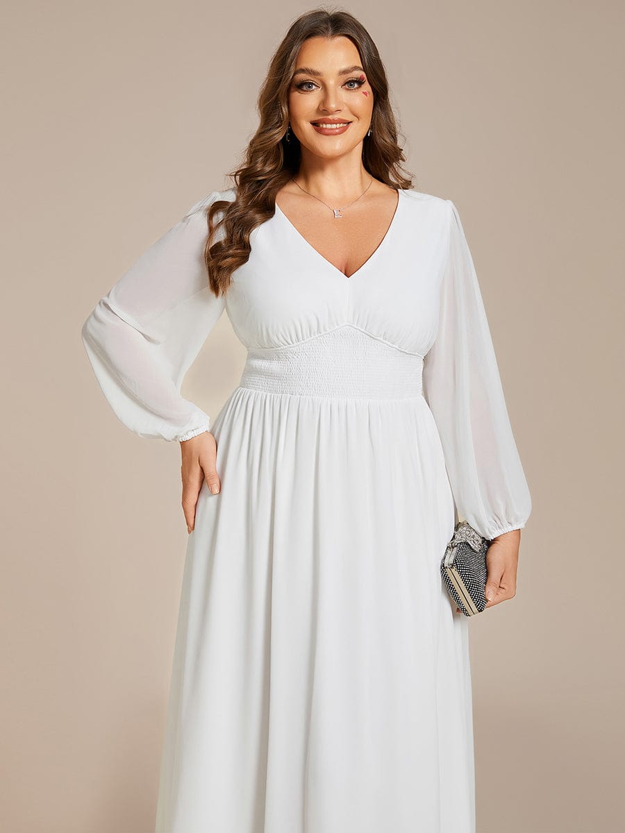 Chiffon V-Neck Long Sleeves Elastic Band Midi Wedding Guest Dress #color_White