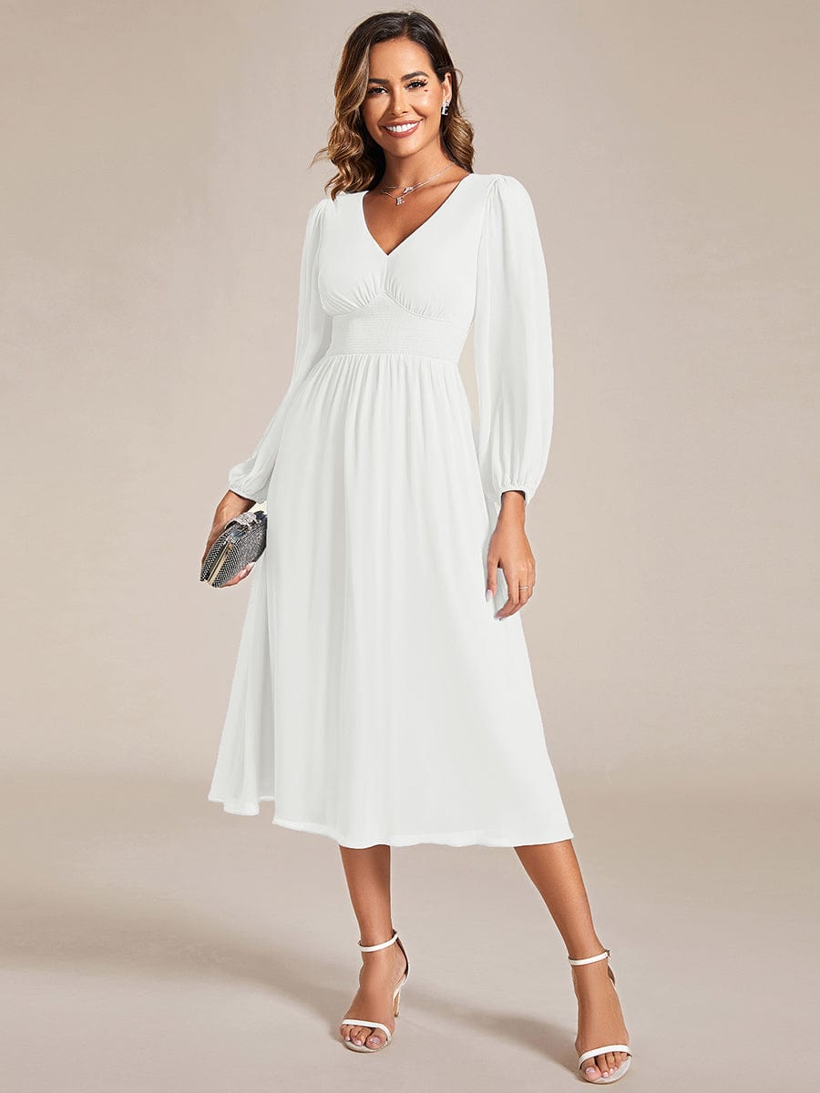 Chiffon V-Neck Long Sleeves Elastic Band Midi Wedding Guest Dress #color_White