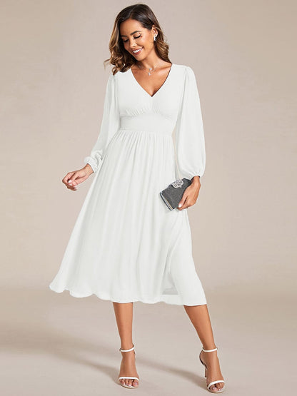 Chiffon V-Neck Long Sleeves Elastic Band Midi Wedding Guest Dress #color_White