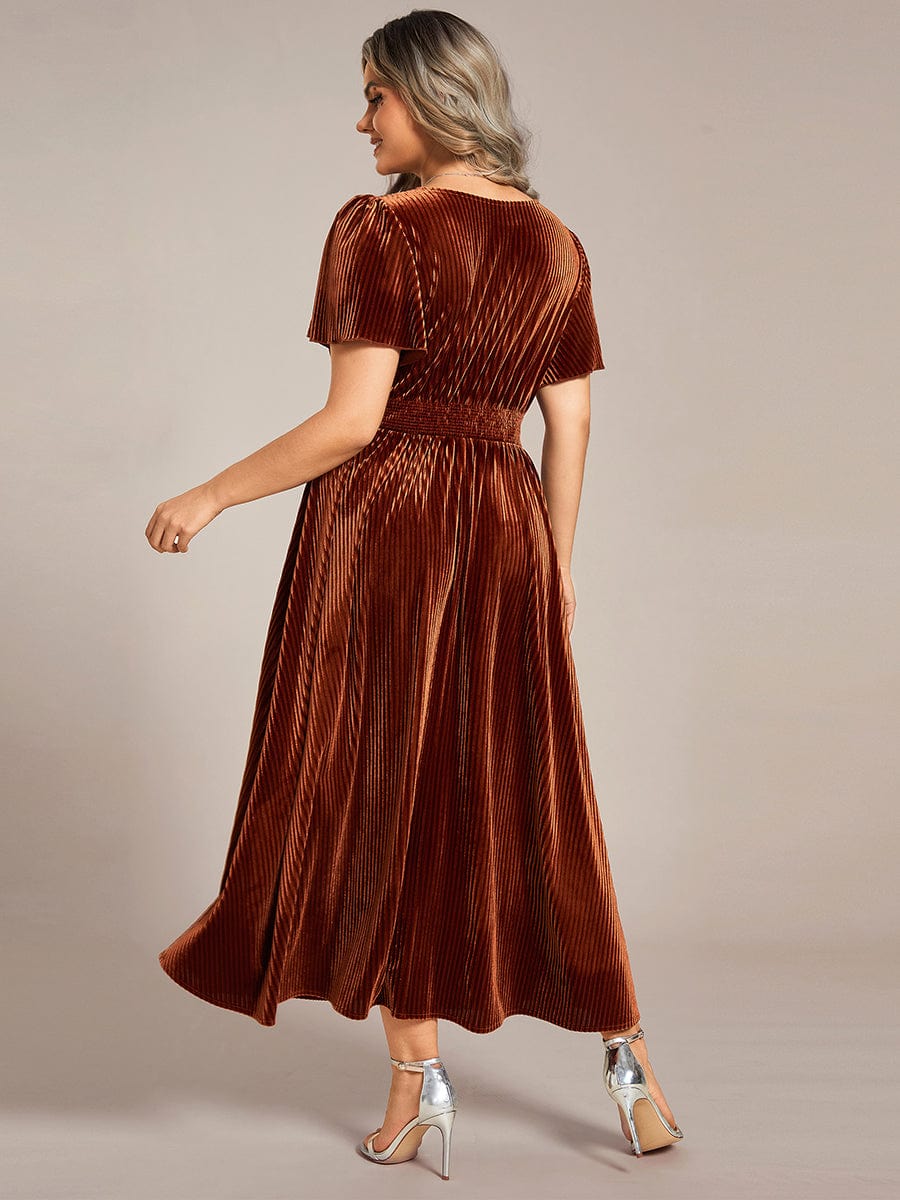 Graceful V-Neck Waist Design Short Sleeves Fall Velvet Midi Wedding Guest Dress #color_Caramel