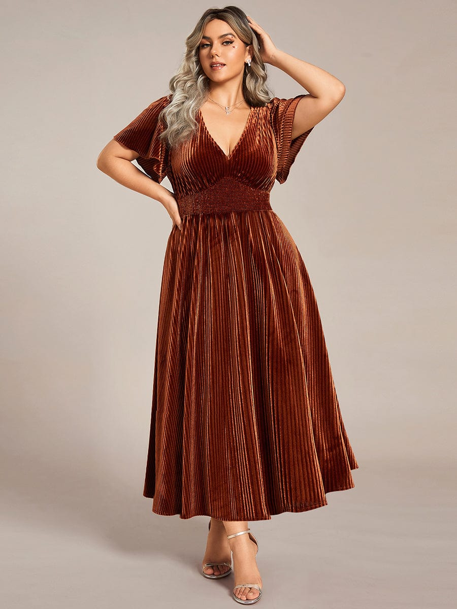 Plus Size A-line V-Neck Short Sleeve Pleated Velvet Fall Wedding Guest Dress #color_Caramel