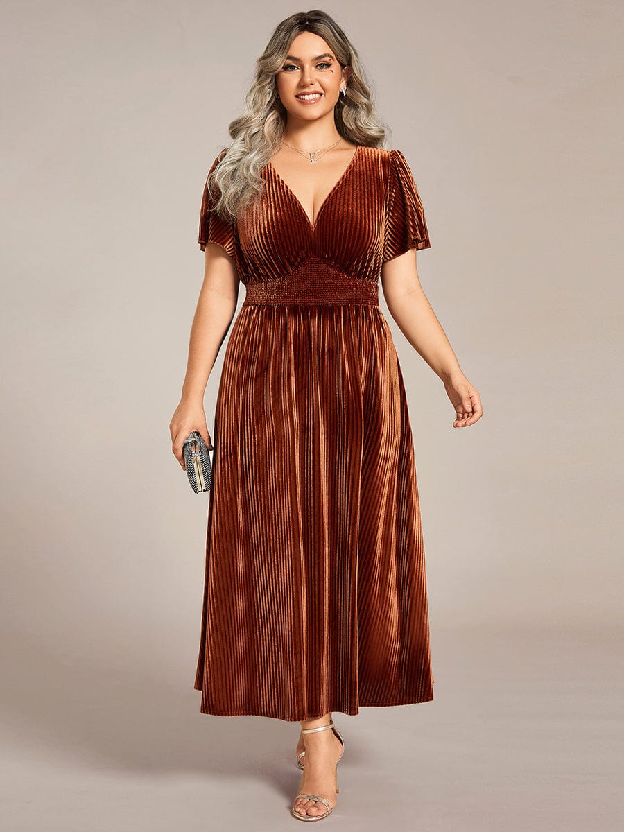 Plus Size A-line V-Neck Short Sleeve Pleated Velvet Fall Wedding Guest Dress #color_Caramel