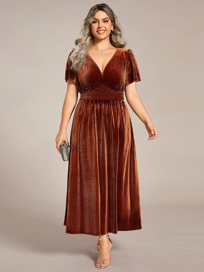 Plus Size A-line V-Neck Short Sleeve Pleated Velvet Fall Wedding Guest Dress #color_Caramel