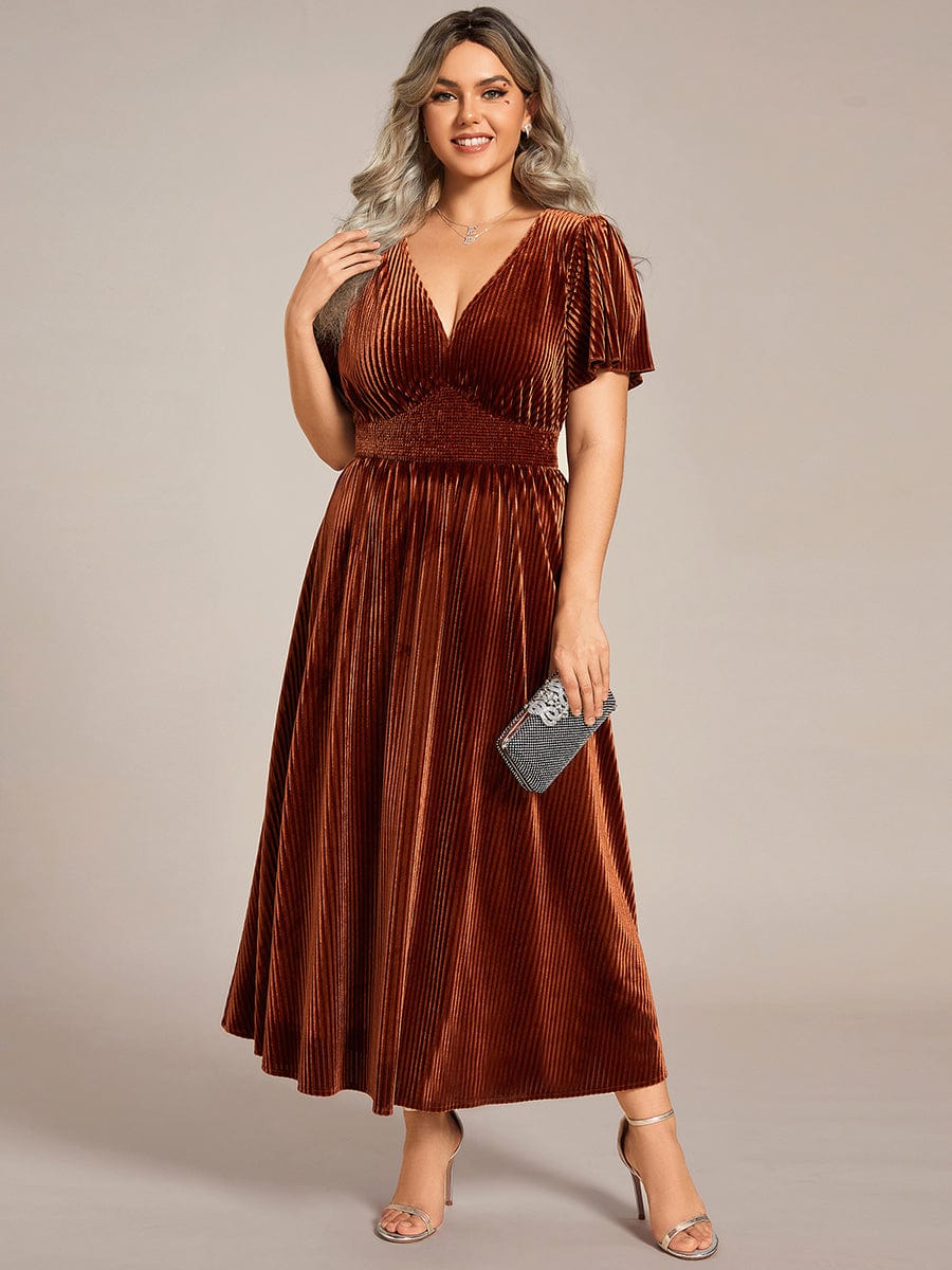 Plus Size A-line V-Neck Short Sleeve Pleated Velvet Fall Wedding Guest Dress #color_Caramel