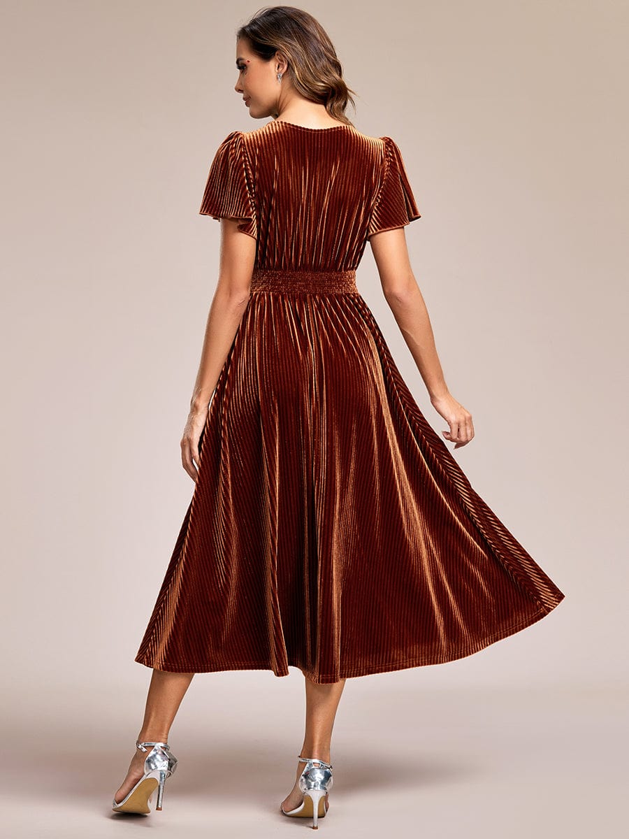 Graceful V-Neck Waist Design Short Sleeves Fall Velvet Midi Wedding Guest Dress #color_Caramel