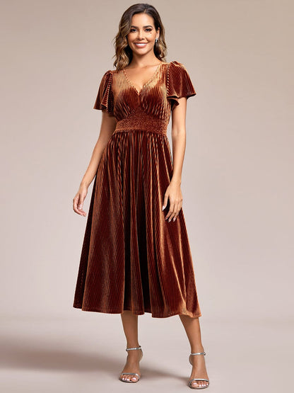 Graceful V-Neck Waist Design Short Sleeves Fall Velvet Midi Wedding Guest Dress #color_Caramel