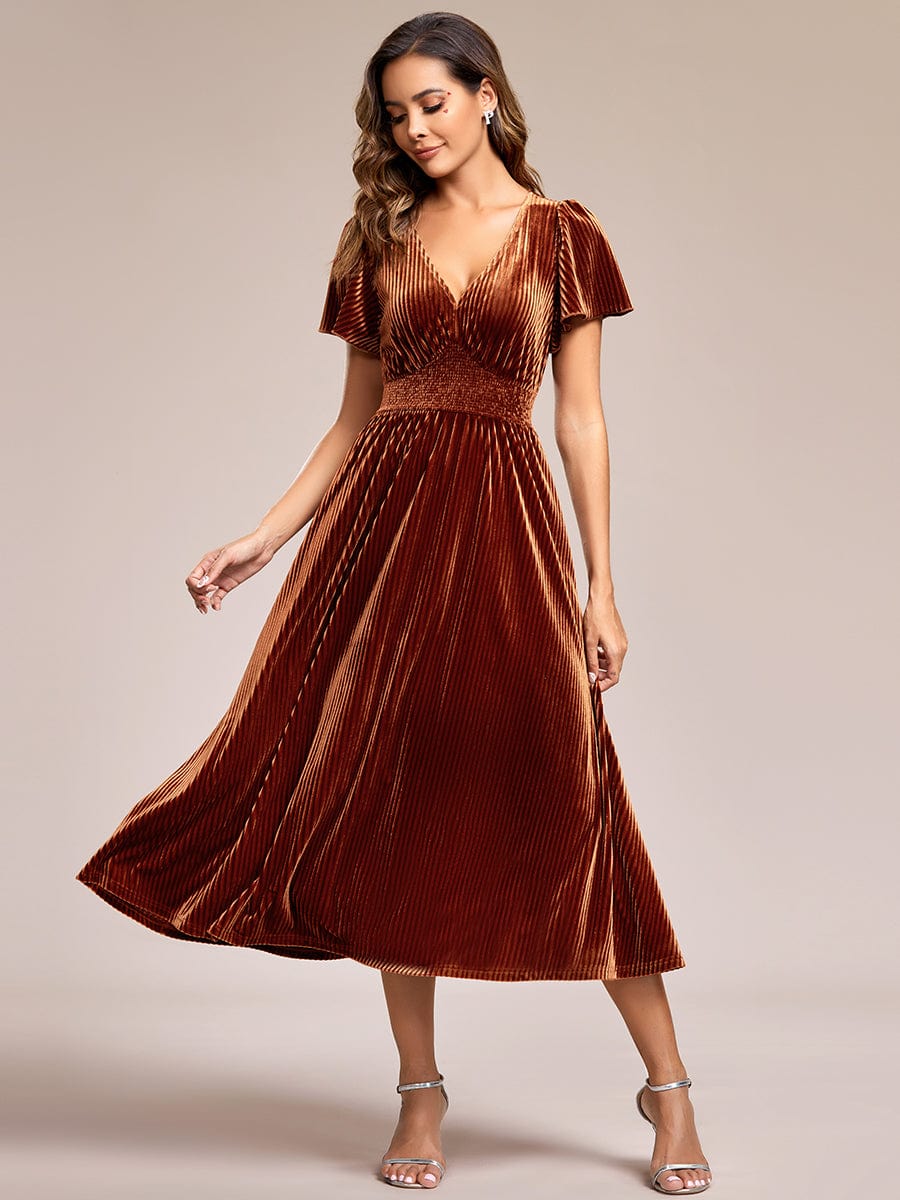 Graceful V-Neck Waist Design Short Sleeves Fall Velvet Midi Wedding Guest Dress #color_Caramel