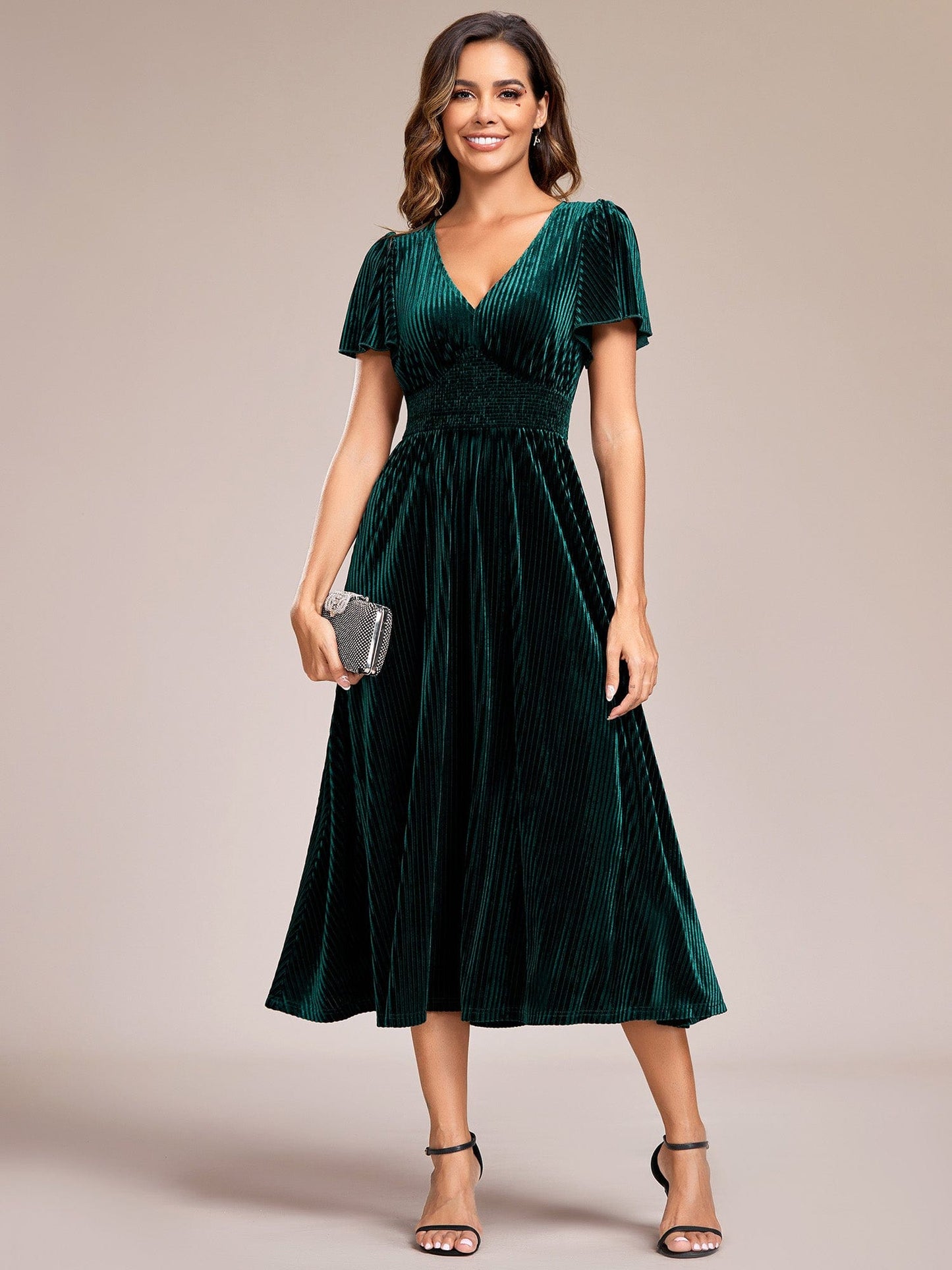 Graceful V-Neck Waist Design Short Sleeves Fall Velvet Midi Wedding Guest Dress #color_Dark Green