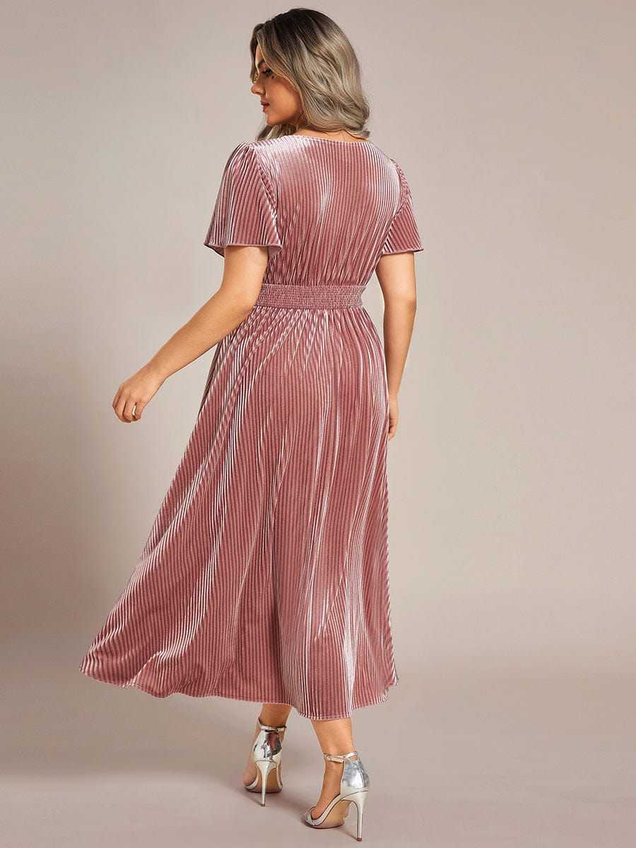 Graceful V-Neck Waist Design Short Sleeves Fall Velvet Midi Wedding Guest Dress #color_Purple Orchid