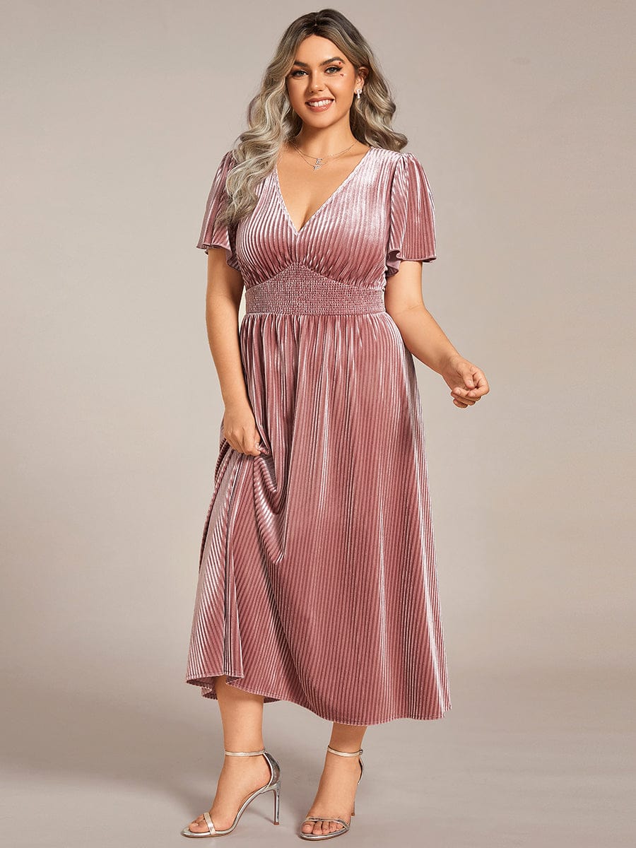 Plus Size A-line V-Neck Short Sleeve Pleated Velvet Fall Wedding Guest Dress #color_Purple Orchid