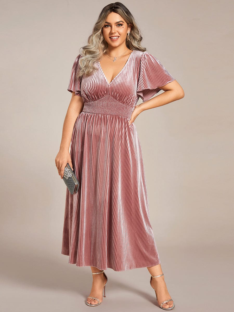 Plus Size A-line V-Neck Short Sleeve Pleated Velvet Fall Wedding Guest Dress #color_Purple Orchid