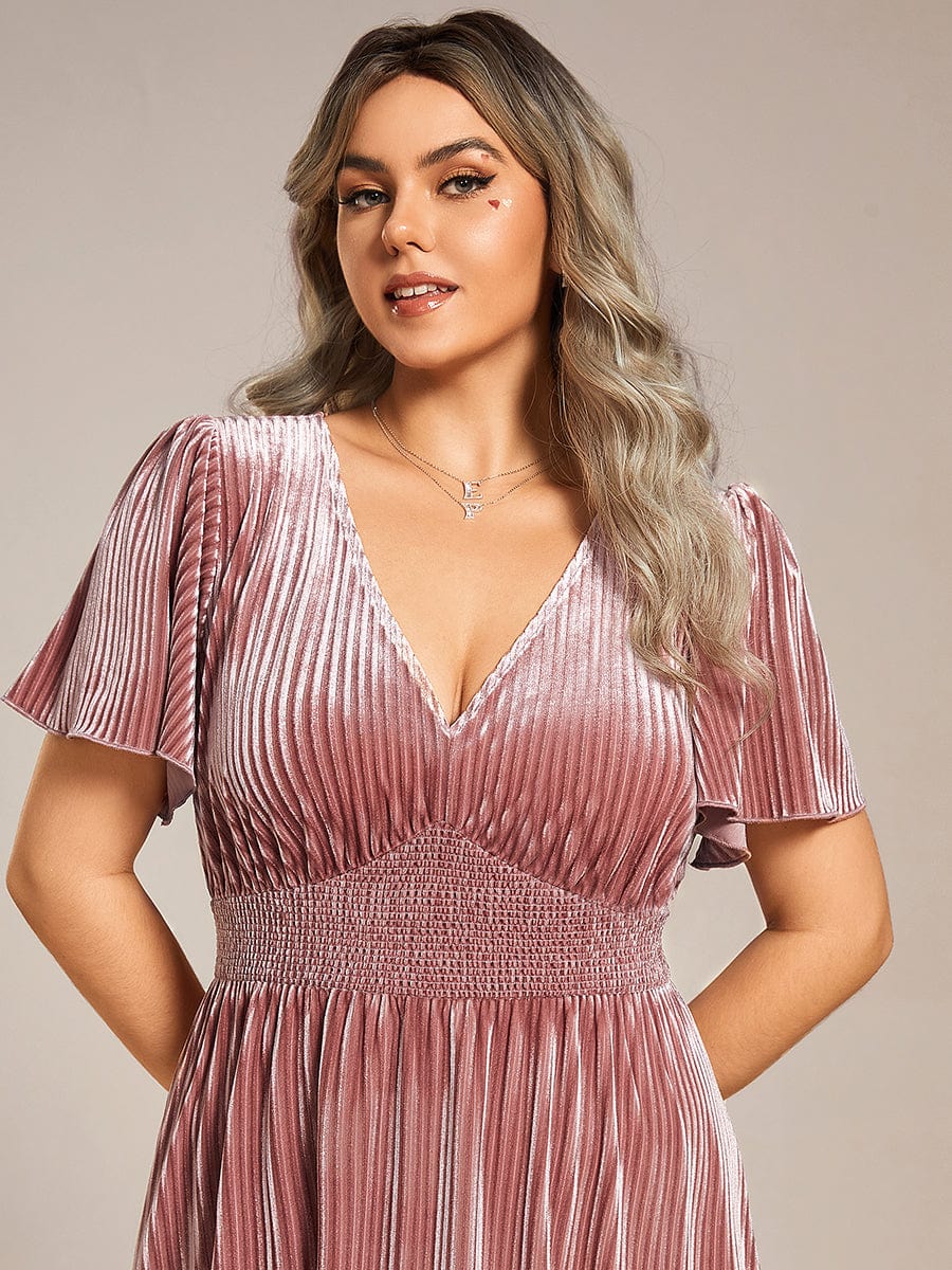 Plus Size A-line V-Neck Short Sleeve Pleated Velvet Fall Wedding Guest Dress #color_Purple Orchid