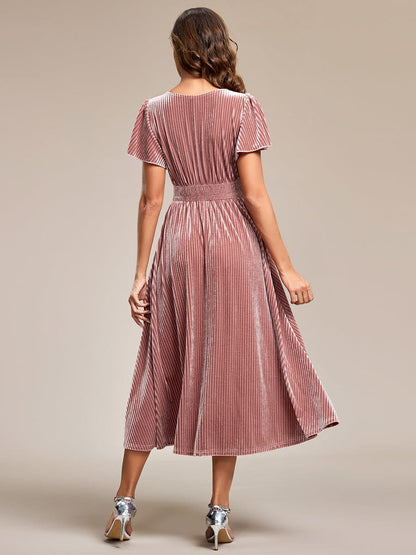 Graceful V-Neck Waist Design Short Sleeves Fall Velvet Midi Wedding Guest Dress #color_Purple Orchid