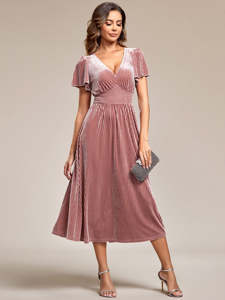 Graceful V-Neck Waist Design Short Sleeves Fall Velvet Midi Wedding Guest Dress #color_Purple Orchid