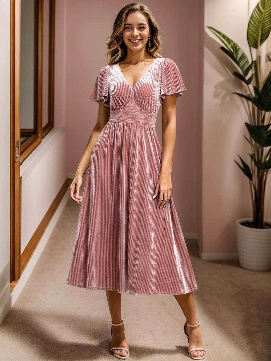 Graceful V-Neck Waist Design Short Sleeves Fall Velvet Midi Wedding Guest Dress #color_Purple Orchid