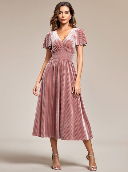 Graceful V-Neck Waist Design Short Sleeves Fall Velvet Midi Wedding Guest Dress #color_Purple Orchid