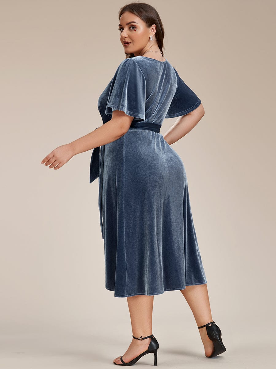 Plus Size V-Neck Ruffles Sleeve Velvet One-Piece Type Wedding Guest Dress #color_Dusty Navy