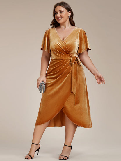 Plus Size V-Neck Ruffles Sleeve Velvet One-Piece Type Wedding Guest Dress #color_Ginger