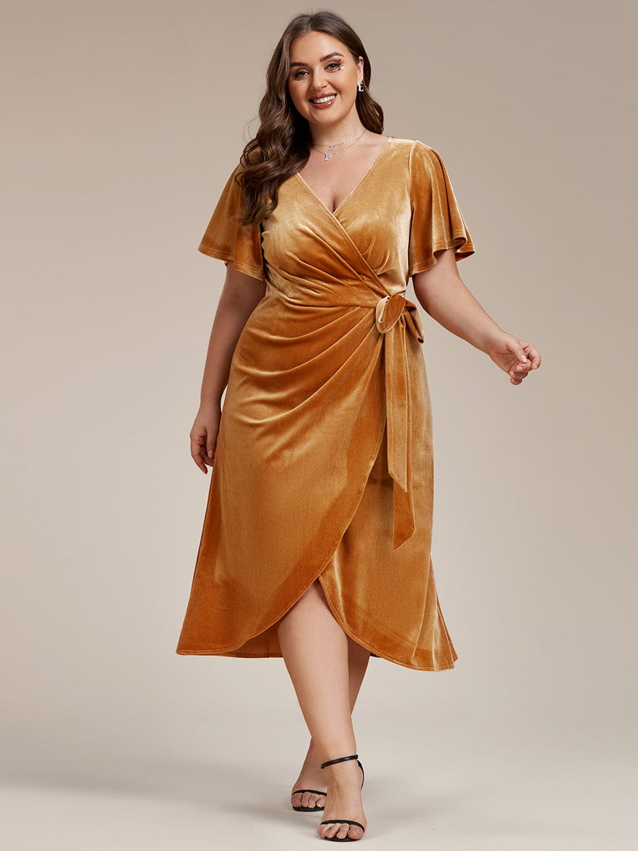 Plus Size V-Neck Ruffles Sleeve Velvet One-Piece Type Wedding Guest Dress #color_Ginger