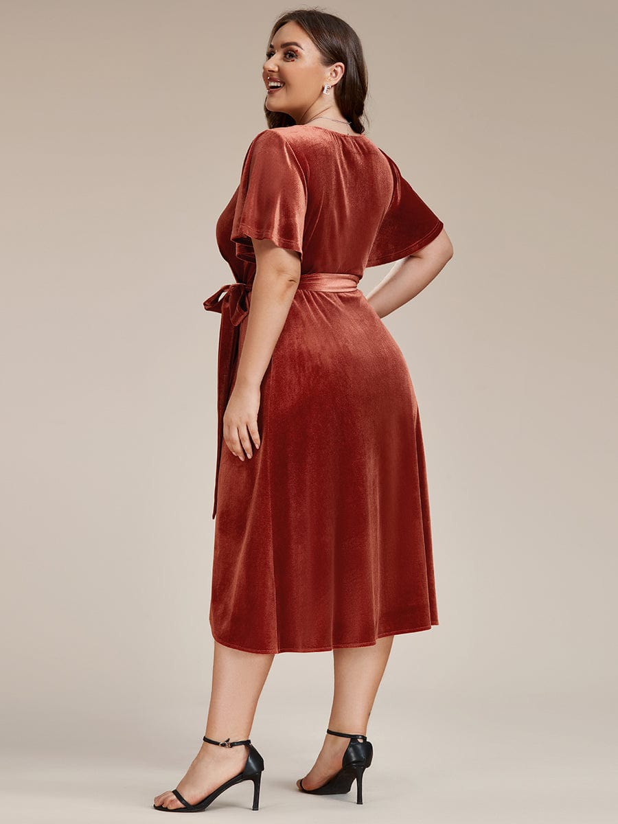 Plus Size V-Neck Ruffles Sleeve Velvet One-Piece Type Wedding Guest Dress #color_Brick Red